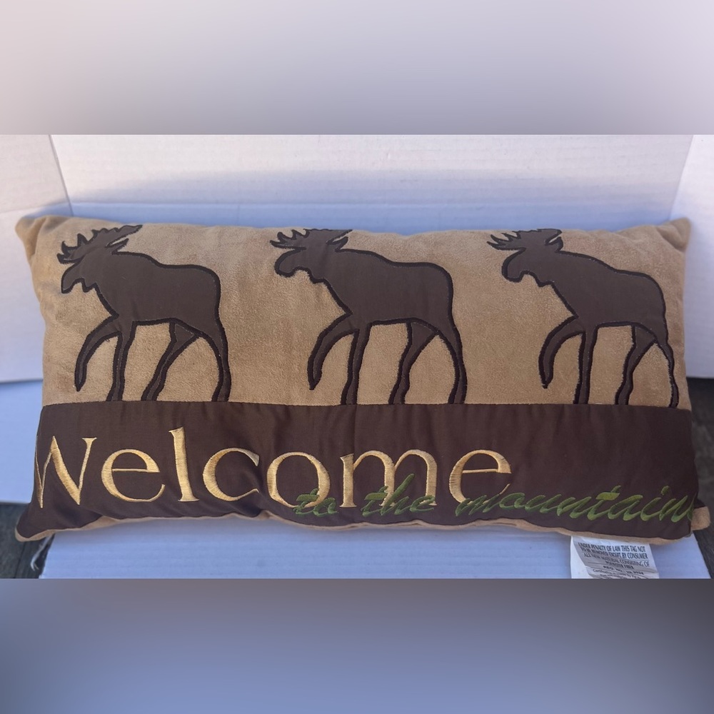 Welcome to the Mountains Three Moose Suede Embroidered Accent Throw Pillow.